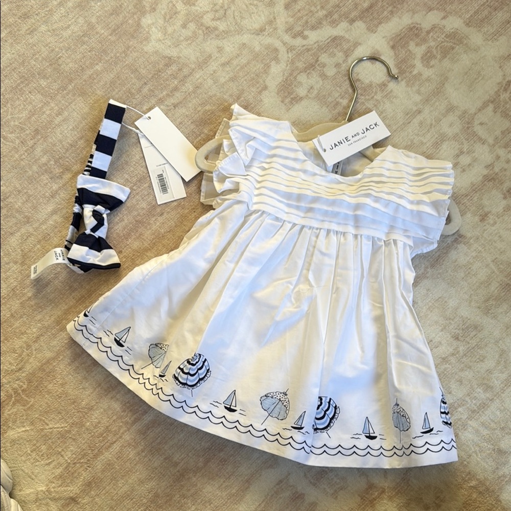 Janie and Jack White Dress with Nautical Print
